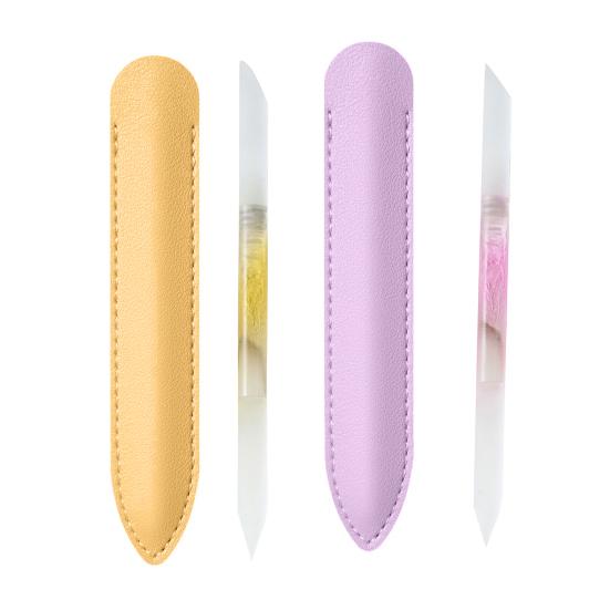 2Pcs/Set Glass Cuticle Pusher Nail File Easy Cleaning Double Sided Glass Manicure Stick with Imitation Leather Case Cuticle Remover Tool