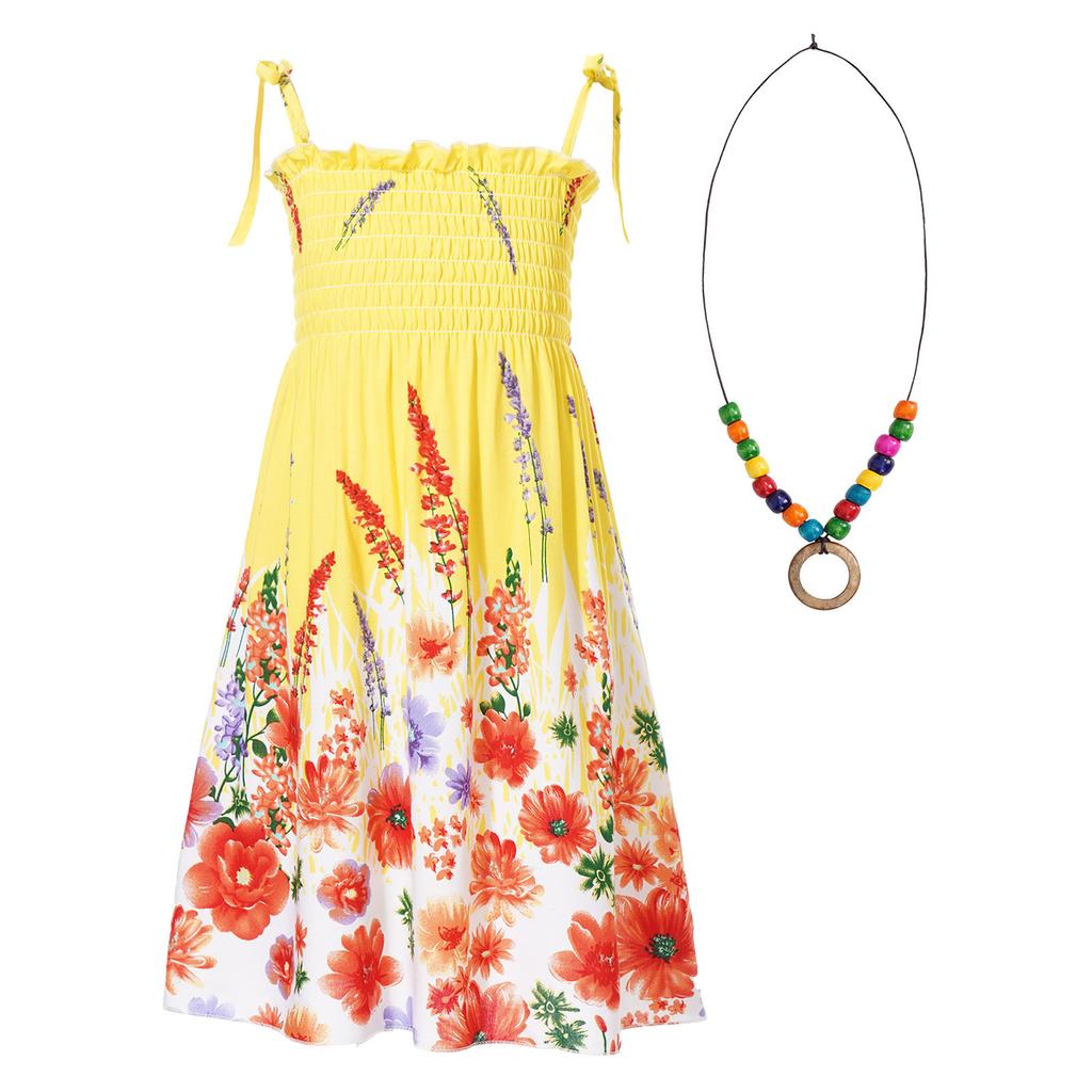 Girls Bohemian Beach Dress Off Shoulder Floral Sleeveless Rainbow Straps Suspender Dress with Necklace Summer Outfit