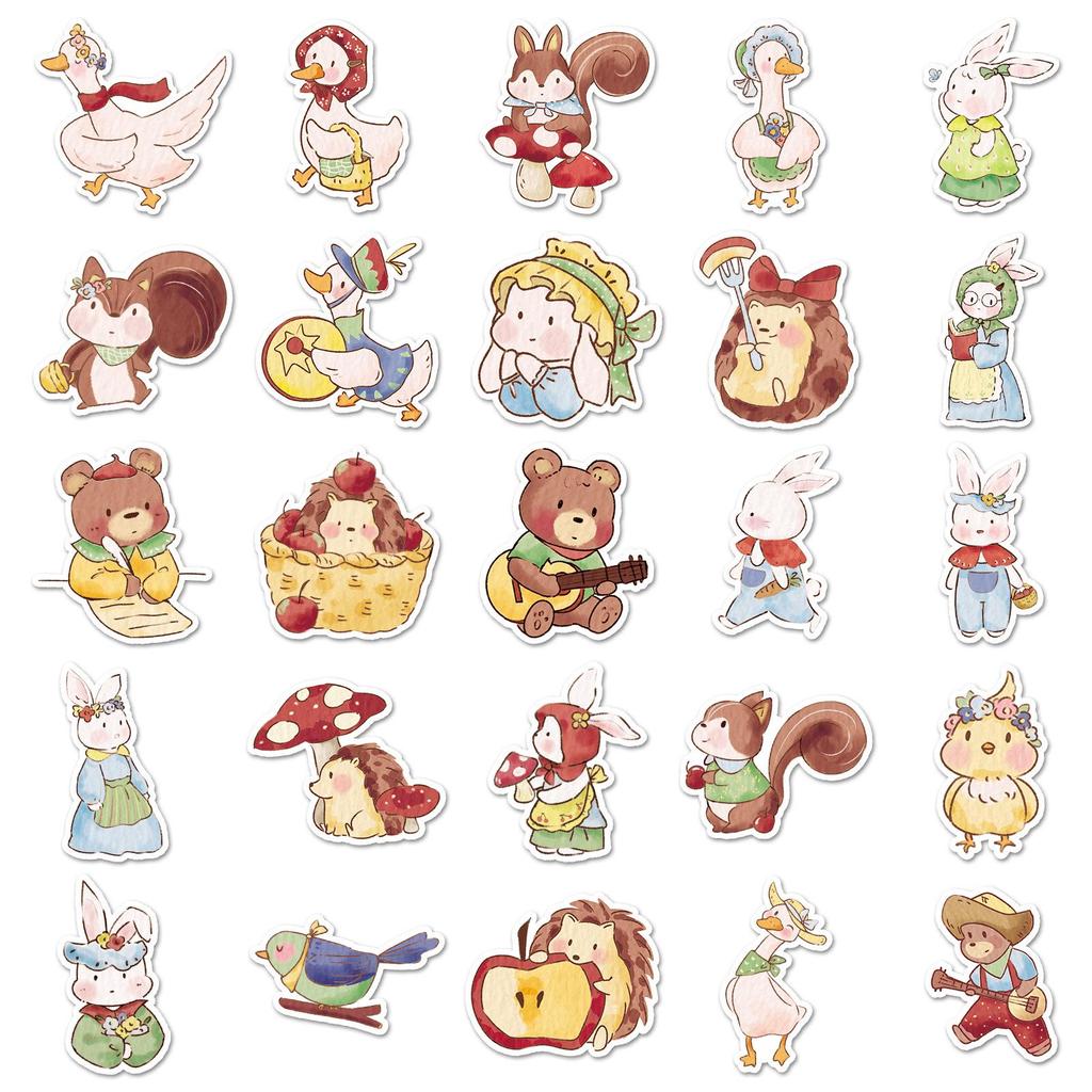 50 Original Forest Style Cartoon Stickers: Cute Hand-Painted Animal Designs for Water Bottles, Planners, and Phone Cases