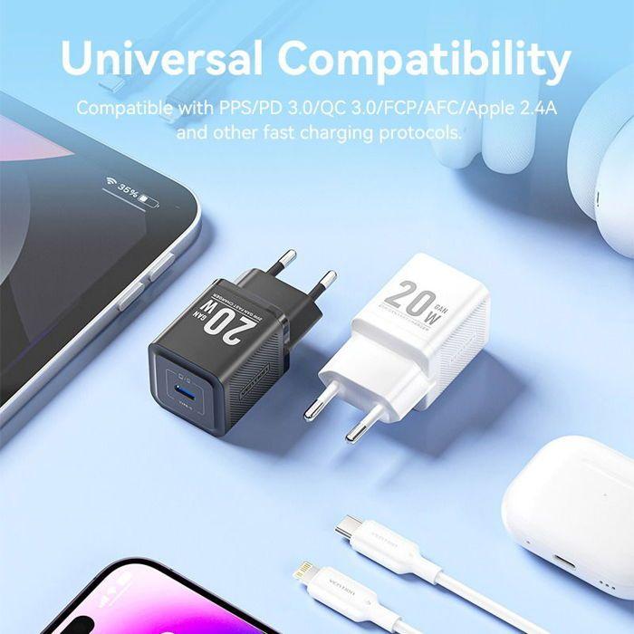 Chargeur Char pour prise UE, Type-C, 20W, GaN, câble USB-C vers Lightning, 1m - Vention (TZ-FEPWW0-EU-02) - Blanc