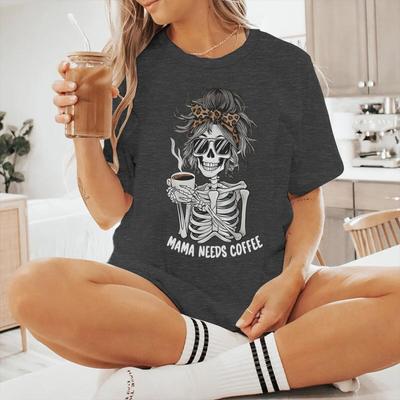 Mama Needs Coffee Vintage Womens Tshirts Fun Skeleton Coffee Print Graphic Short Sleeve T Shirt Casual Coffee Mom Tshirts Gift