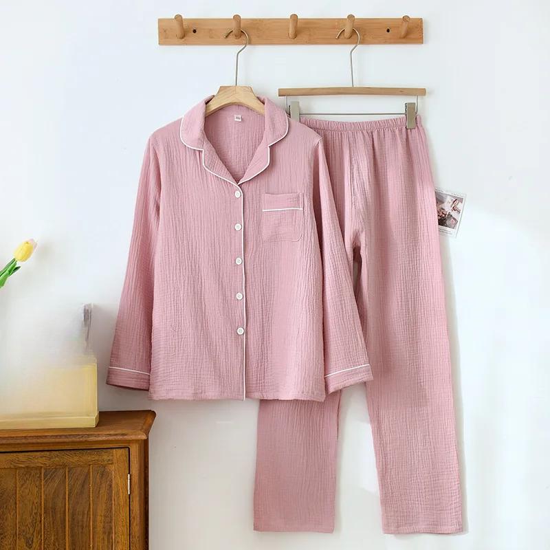Spring /summer Pure Cotton Gauze Solid Color Men's and Women's Pajamas Double-layer Crepe Fabric Home Clothing Long Sleeved Set