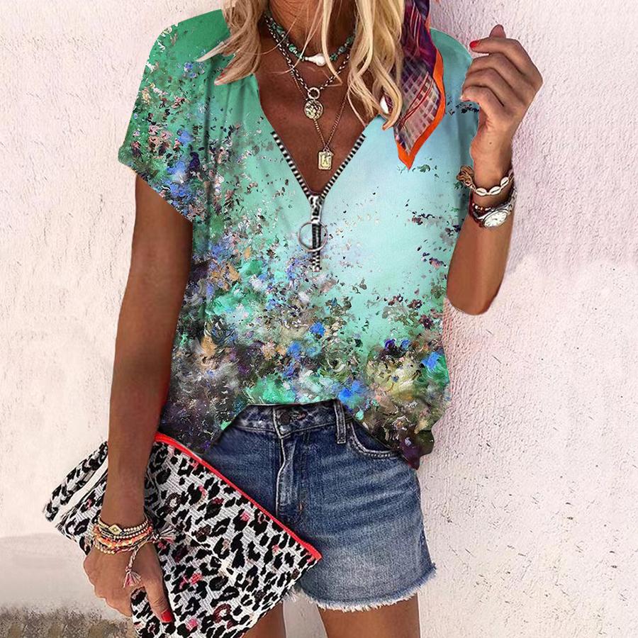Women's Top Summer New Fashion Rose Flower Rendering Flowers Printed Casual Zipper V-neck Short Sleeve Top
