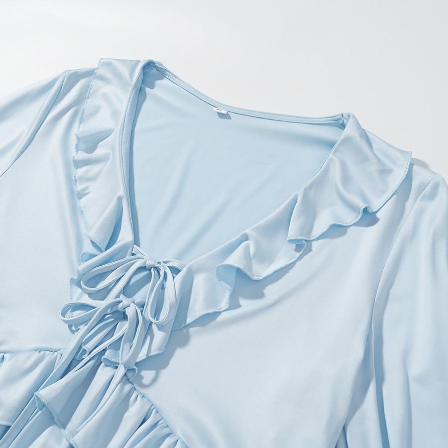 European & American Style Romantic Lace-up Ruffle Top and Long Skirt Set