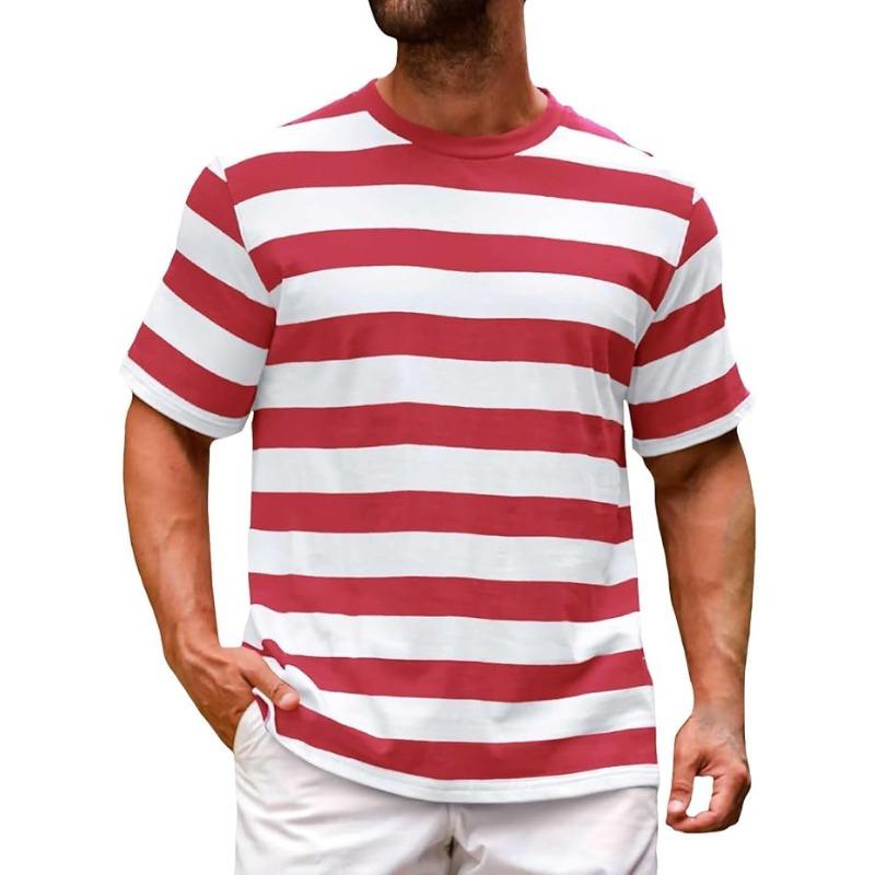 Męska koszulka w paski z krótkim rękawem, koszulki w paski z okrągłym dekoltem, klasyczne stylowe patchworkowe topy, casualowa bluzka do ćwiczeń