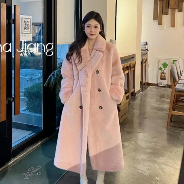 Winter thickened medium and long suit collar imitation mink plush fur coat plus cotton lazy wind coat