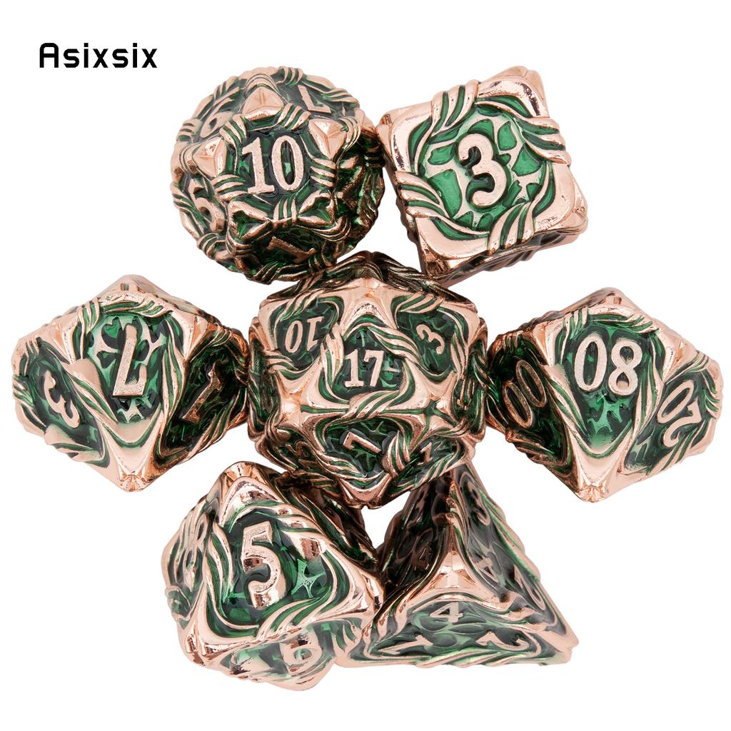 7 Pcs Yellow Green Tree Vine Metal Dice Solid Metal Polyhedral Dice Set Suitable for Role-Playing RPG Board Game Dice RPG