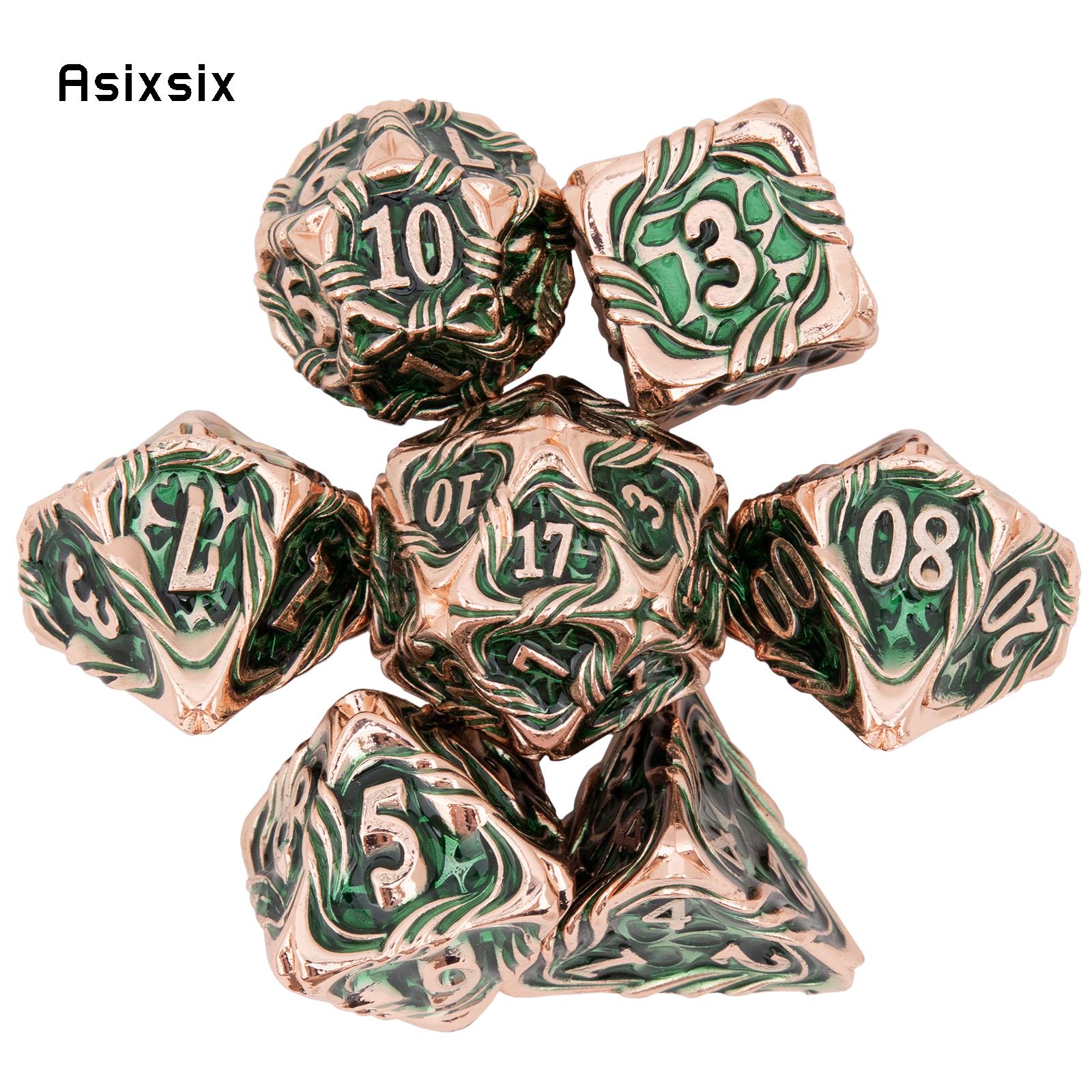 7 Pcs Yellow Green Tree Vine Metal Dice Solid Metal Polyhedral Dice Set Suitable for Role-Playing RPG Board Game Dice RPG