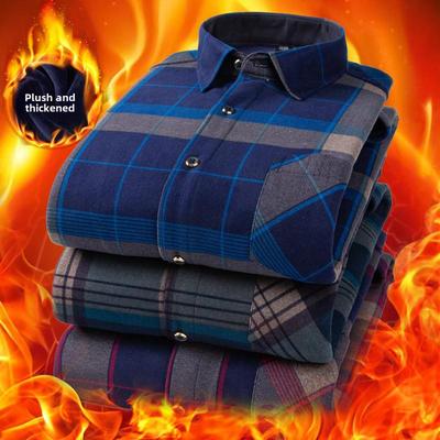 2023 Verdicktes, kariertes, langärmliges, warmes Herrenhemd – Winter-Übergröße für Väter mittleren Alters