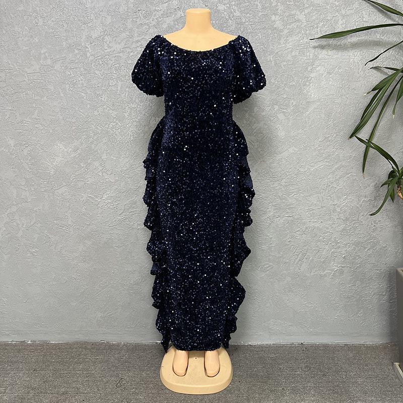 

Элегантная длинная юбка с пайетками и тонкой талией на одно плечо для женщин M темно-синий