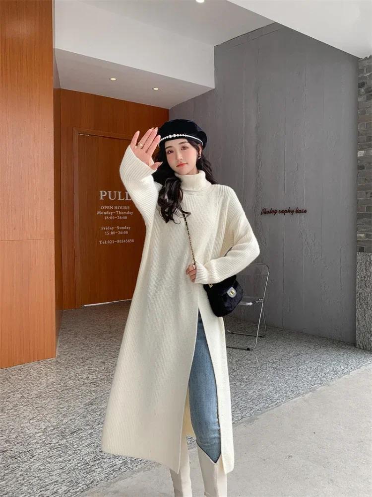 Neu im Herbst Winter Damen Strickpullover Lange Kleider Hochgeschlossenes, geteiltes, lockeres Pulloverkleid Lässiger Temperamentpullover mit Kleidung der unteren Schicht
