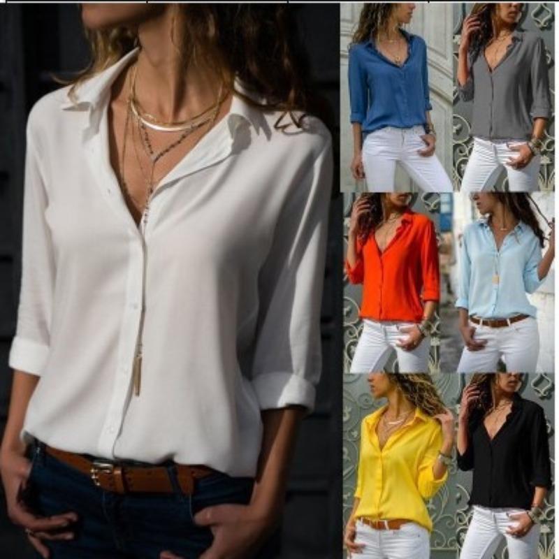 Langarm Damen Tiefes V-Ausschnitt Knopf Chiffon Bluse