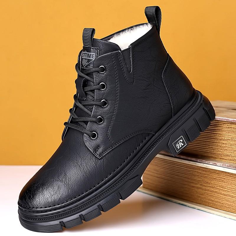 Mens Winter Warm Martin Boots With Wool Lining Thick Sole Anti-Slip Work Style British Fashion Mid-Calf