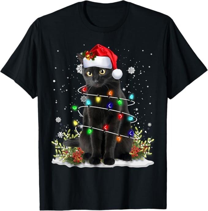 Black Cat Christmas Santa Hat Funny Meowy Cats Women Men Unisex T-Shirt Unisex T-Shirt XXXXL