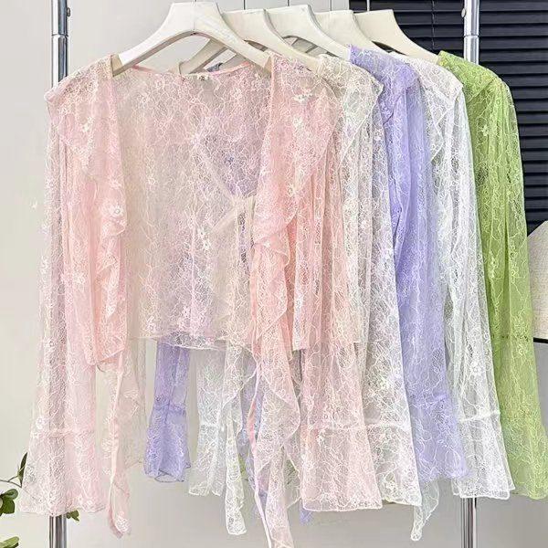 Gilet en dentelle frais à manches évasées pour femme, été, bord à volants, fin, manches longues, protection solaire