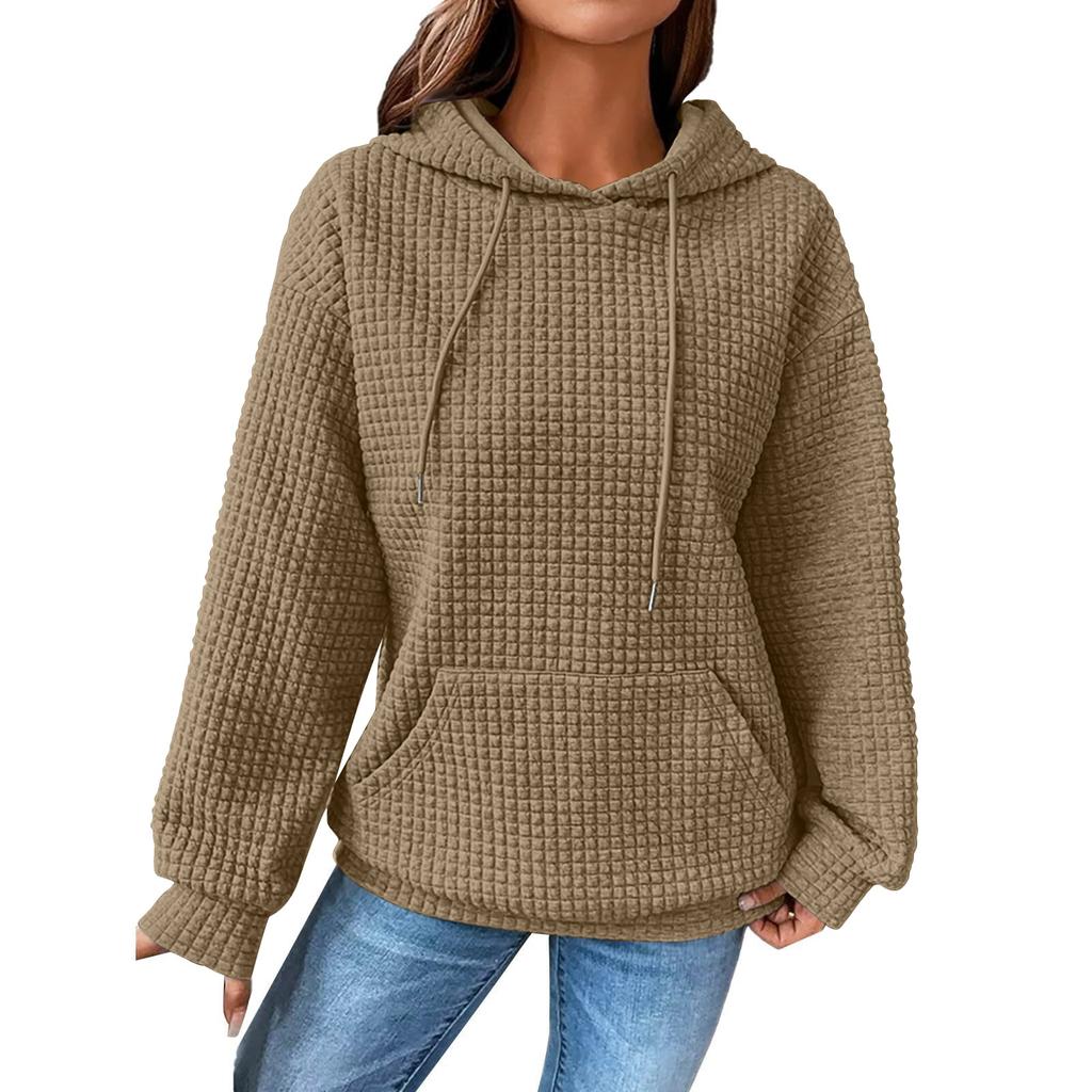 Women's Fashion Loose Hooded Pullover Long Sleeve Patchwork Plaid Sweat Drawstring Shoulder Strap Pocket Top