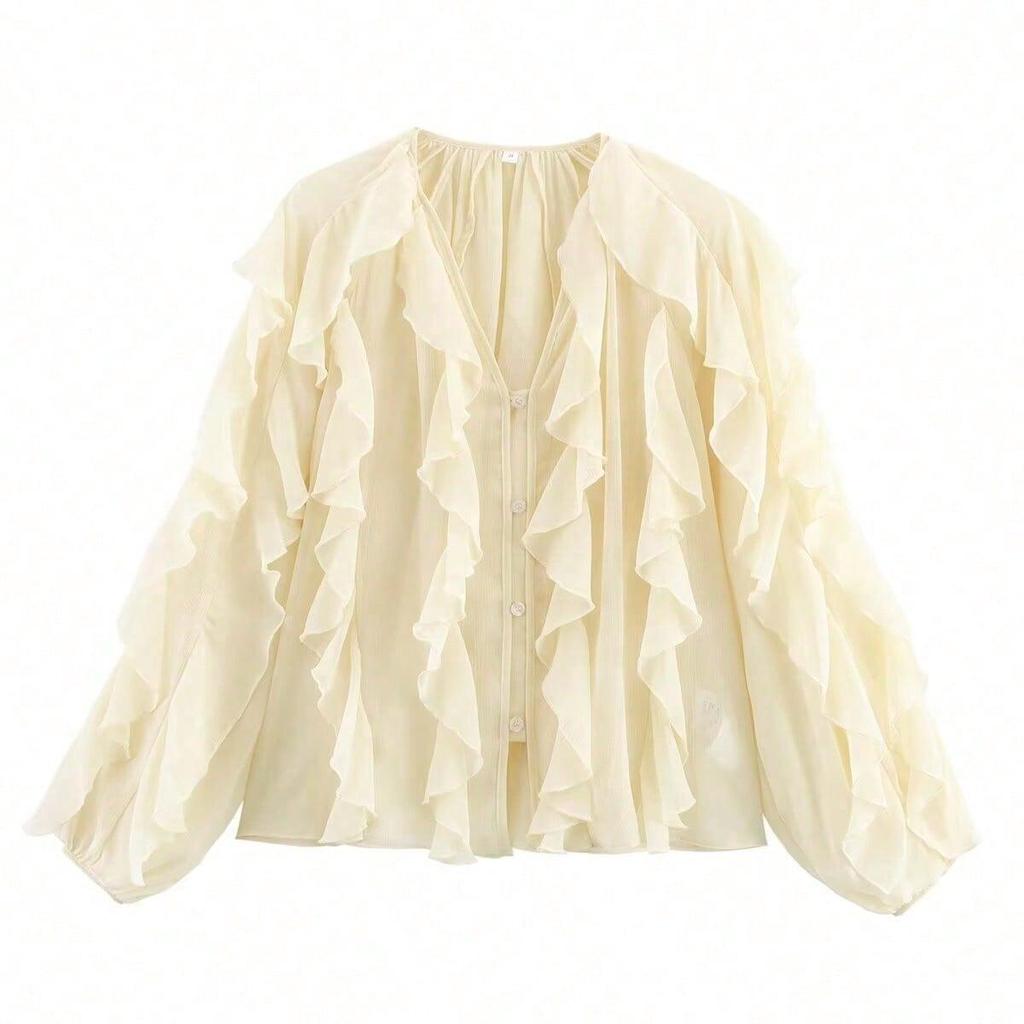 European and American V-Neck Layered Long-Sleeve Women's Spring/Summer Pullover Shirt