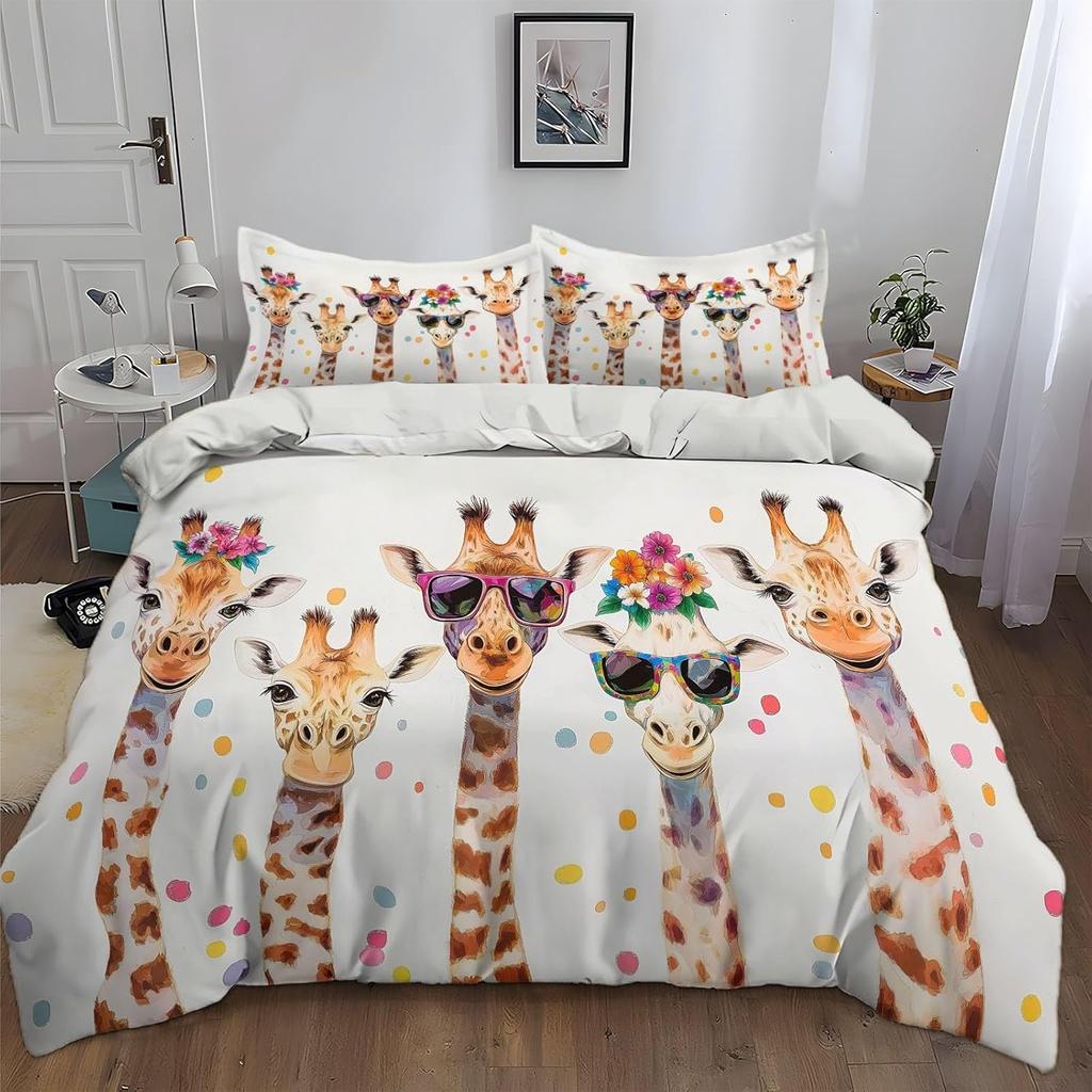 Animal Giraffe Printed Double Duvet Cover Set 2Pcs With Zipper Cartoon Animals Soft Microfiber Single Quilt Cover Bedding Sets