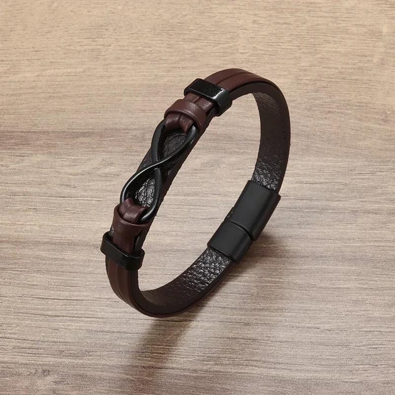 Mens Womens Couple Metal Infinity Sign Leather Bracelet Magnetic Closure Charm Bracelet Leather Wristband Casual Jewelry