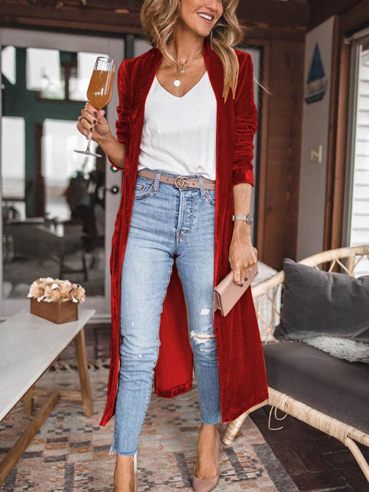 

Women s Velvet Longline Open Front Cardigan in Multiple Colors, Casual Loose Knit Sweater Coat with Pockets S червоний