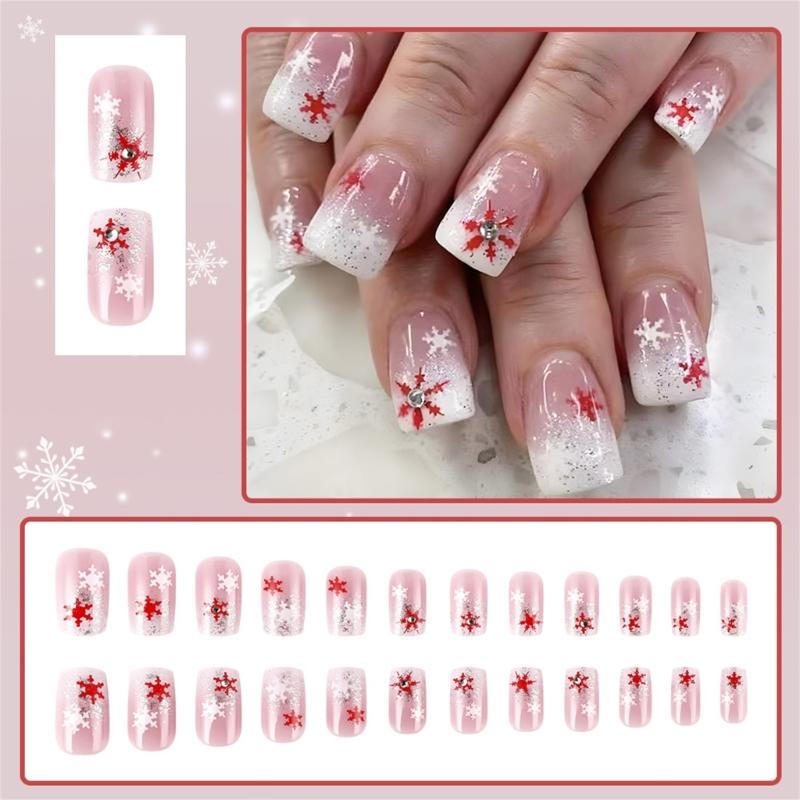 Christmas Fake Nail Square Press on Nail Snowflake Acrylic Nail Full Cover False Nail Stick on Nail Artificial Nail