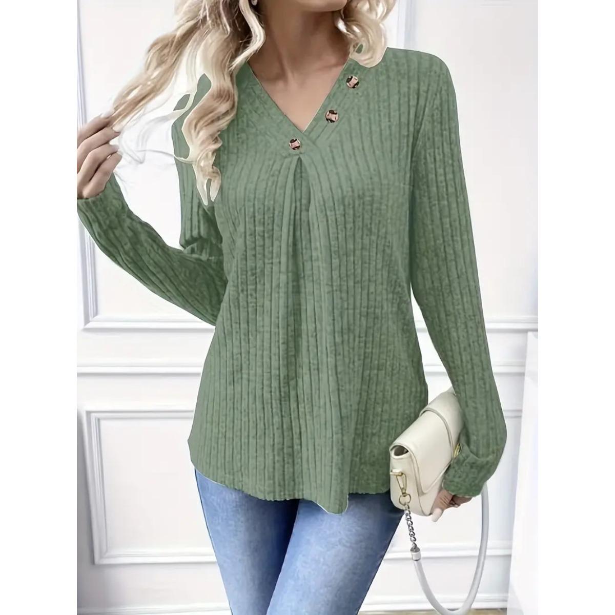 

New Women s Casual Elegant Fashion V-Neck Button Ribbed T-Shirt Top for European and American XXL оливковий