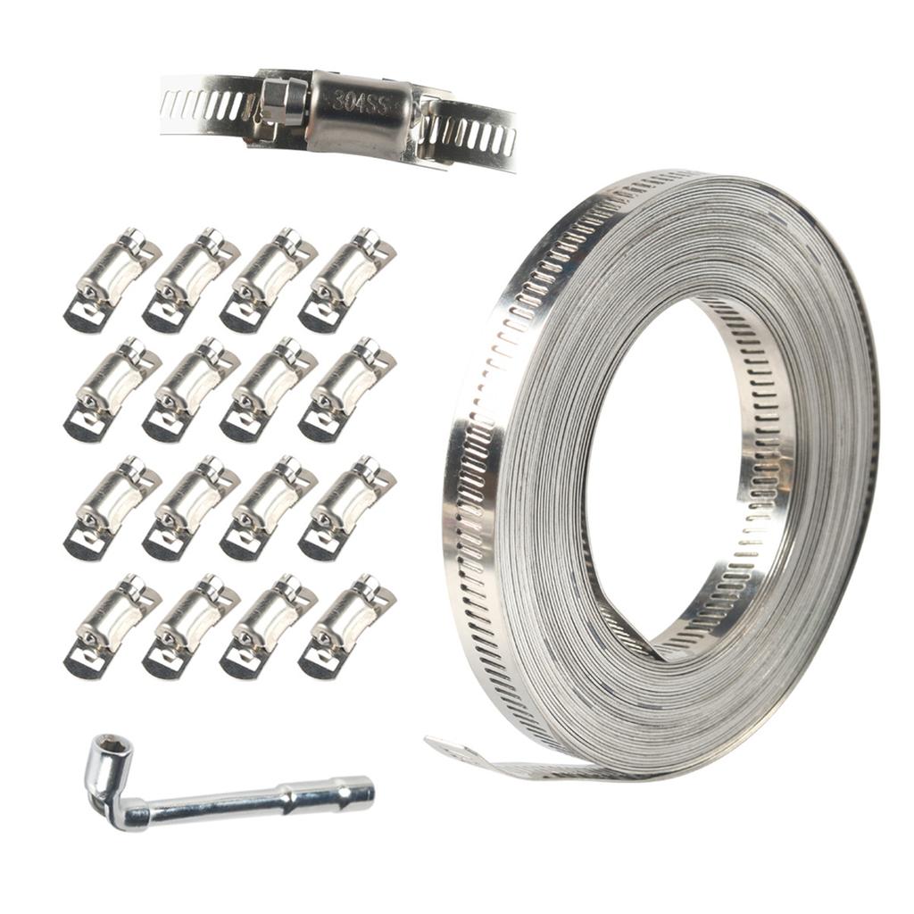 Hose Clamps 304 Stainless Steel 3.5/10m Hole Tape Metal + 8/16Pcs Attachment DIY Hose Clamp Set Adjustable Hose Clamp