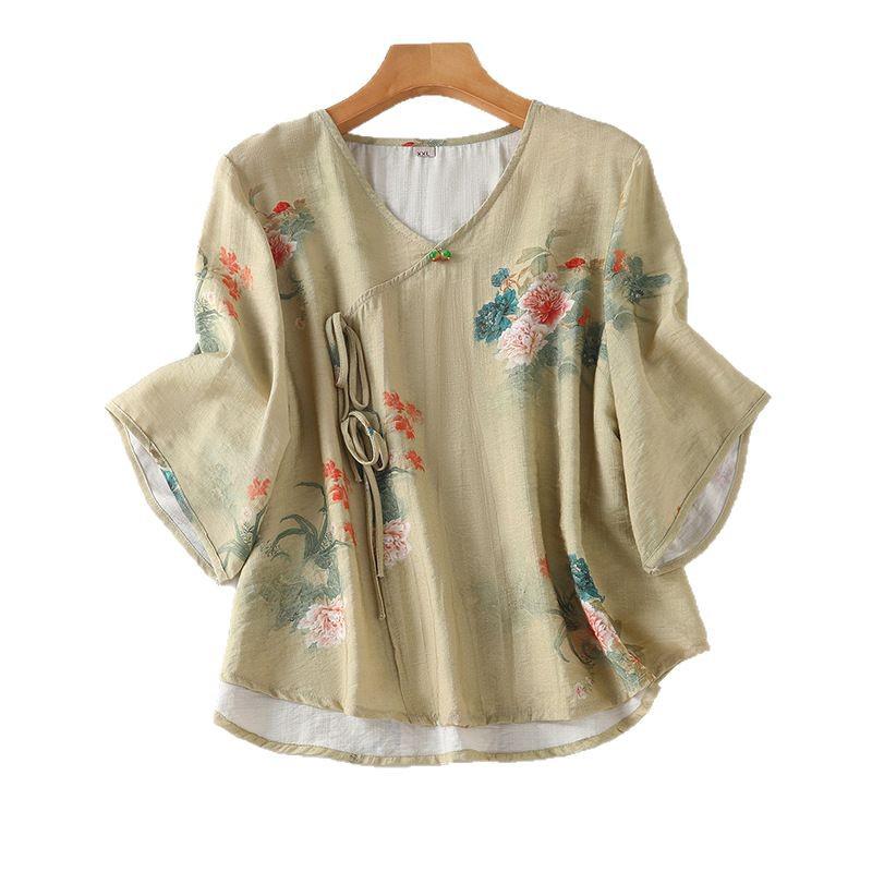 Chinese Style Tencel Cotton Short-Sleeved Top: Soft, Comfortable, and Breathable Pajamas for Middle-Aged and Elderly Women