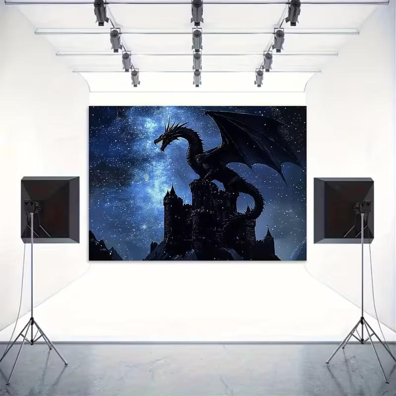 2D Schwarz-Drachenburg Wandteppich, Mittelalterliche Burg mit Drachen und Sternenhimmel
