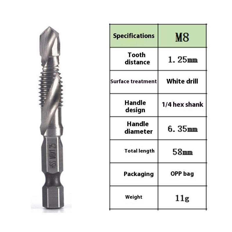 Vysokorýchlostná oceľová šesťhranná stopka tri v jednom kombinovaný závitník, vŕtanie, rezanie závitov a odihlovanie integrované špirálové strojové rezanie závitov, špirálový závitník