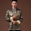 Chinese Traditional Men Tang Suit Shirt Stand Collar Long Sleeve Dragon Print Shirt Pockets Design Tai Chi Tops
