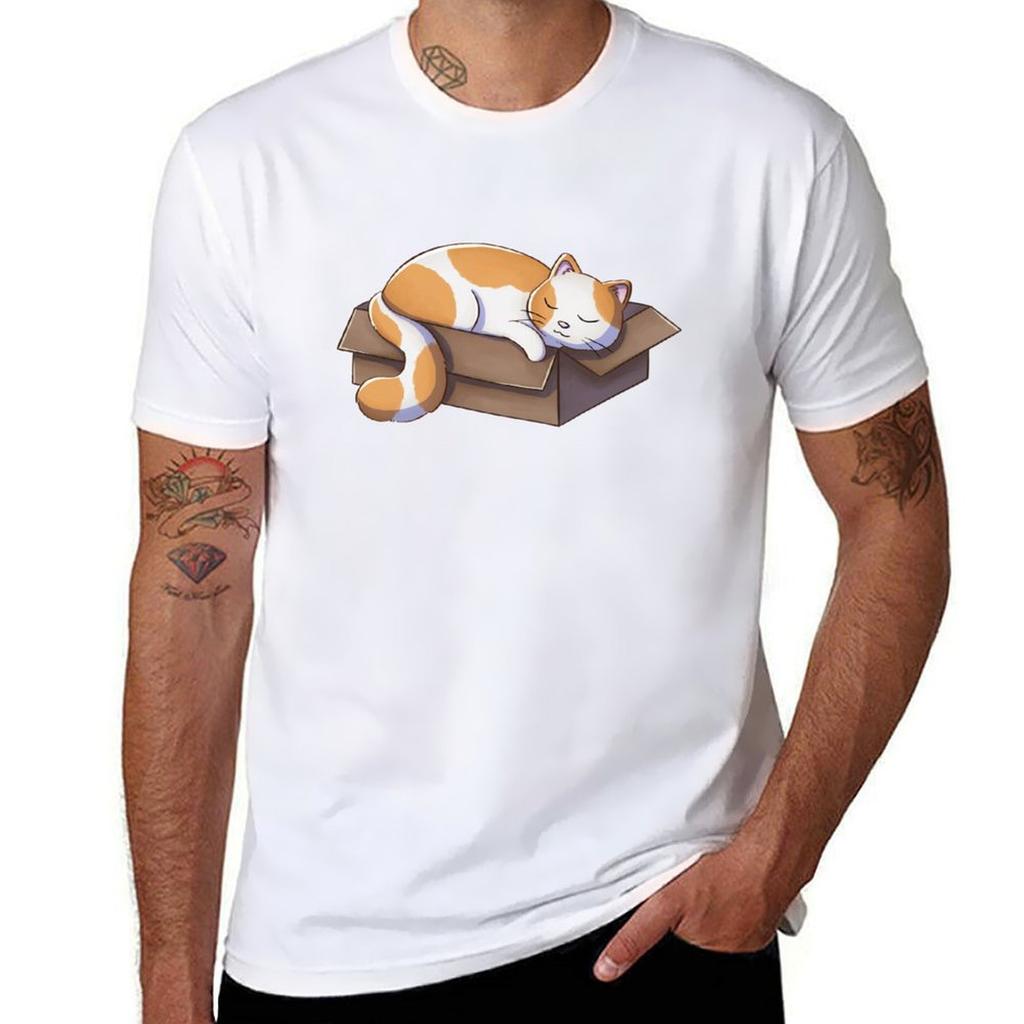 Cat Sleeping In Box Tshirt Minimalist Plain Crew Neck Tshirt