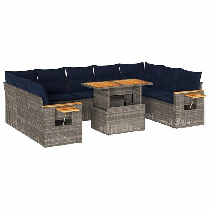 VidaXL Salon de jardin avec coussins 10 pcs gris résine tressée acacia, ensemble de canapés d'extérieur, salon de jardin 3327645