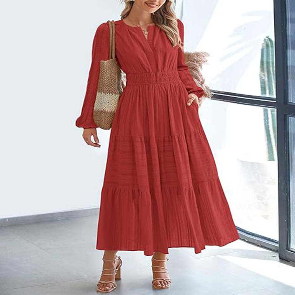 Women's Spring Summer Elegant V-Neck Ruched Waist Flared Long Sleeve Maxi Dress Fashion Casual Party Dress