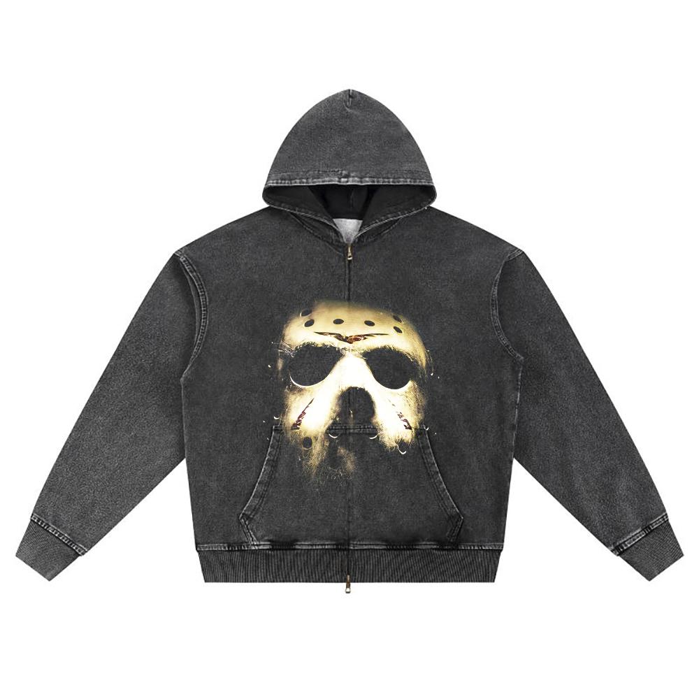 DTG Print Knitted Denim Zip-Up Hoodie Copy of JASON MASK Brother Print Zipper Hoodies  