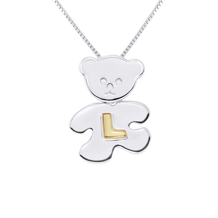 LÉA & ARTHUR - Pendentif Enfants Motif (OURSON) Argent 925 Millièmes Rhodié & (Lettre L) Plaqué Or Jaune