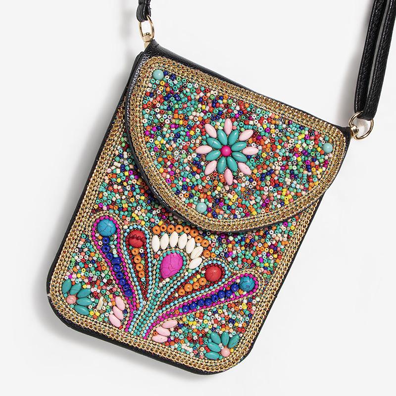 Exquisite Bohemian Style Crossbody Bag with Rice Beads, Shells, and Flowers