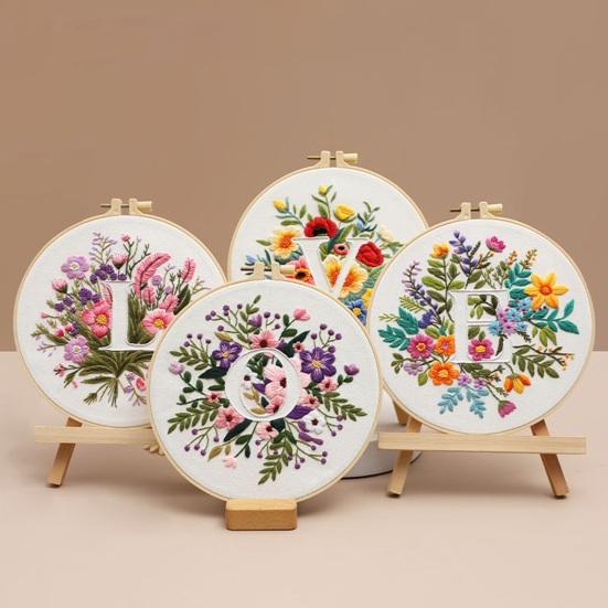 Floral Letter Embroidery Kit A To Z Embroidery Starter Kit with Hoop Fabric