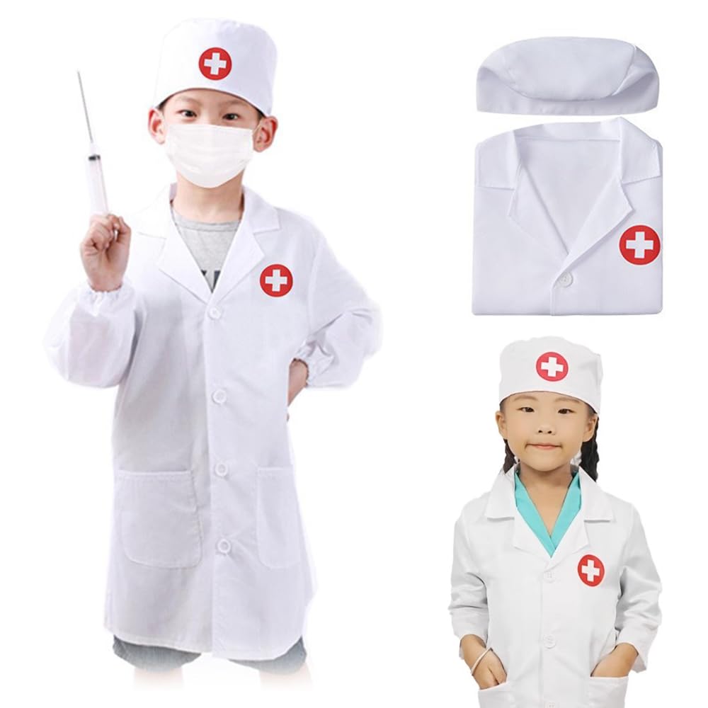 TTETNLY Kids Doctor Costume, Nurse Workwear, Preschool, Pretend Play, White Coat, Role Play, Performance Costume, Unisex (White)