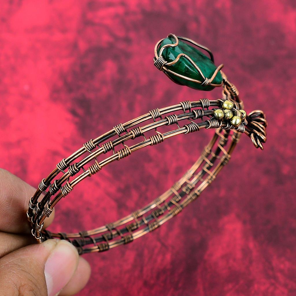 Faceted Zambian Emerald Cuff Bracelet Copper Wire Wrapped Handmade Bangle Genuine Gemstone Jewelry Adjustable Bangle Copper Jewelry For Gift