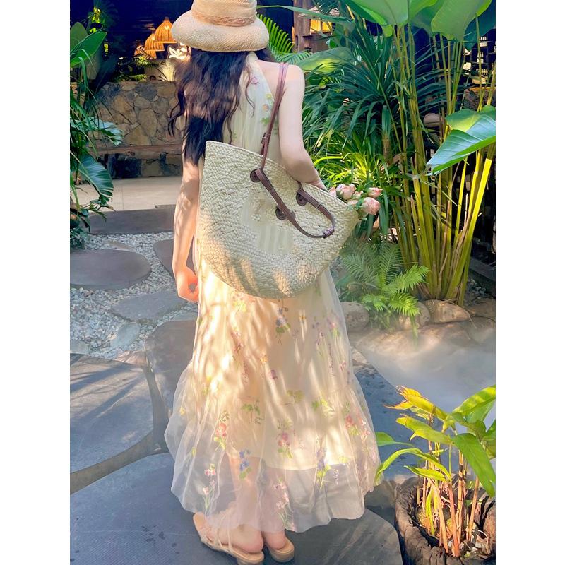 Summer Loose Hanging Neck Mesh Embroidered Dresses