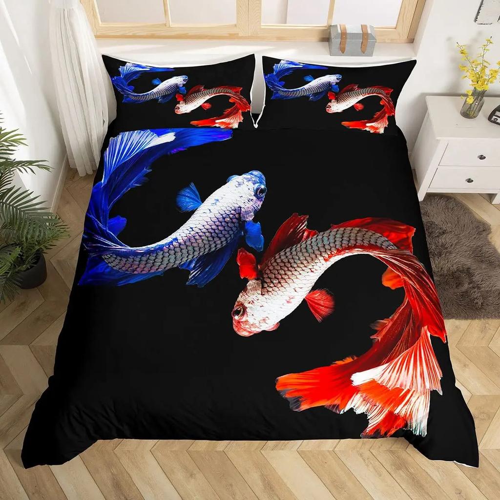 Lucky Koi Bettbezug-Set Traditionelle Tuschekunst Tagesdecke Lotusblatt Natur Bettbezug Dreiteiliger Kissenbezug