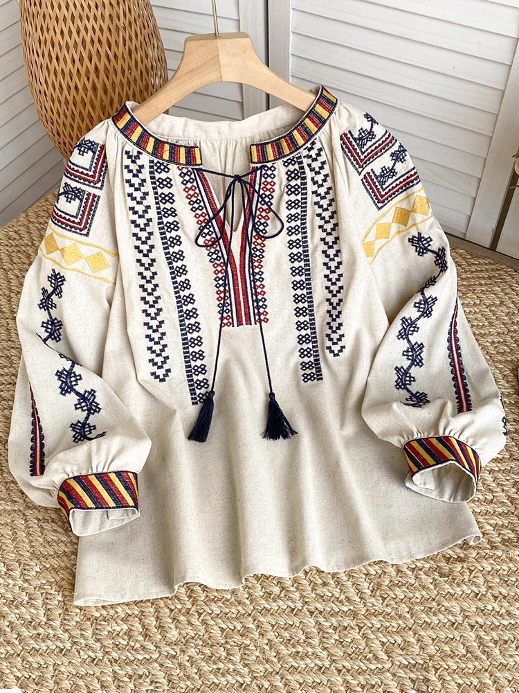

Женская элегантная вышитая блузка в национальном стиле с кисточками в стиле ретро с V-образным вырезом и рукавами-фонариками, свободные, нового дизайна, универсальные винтажные пуловеры L