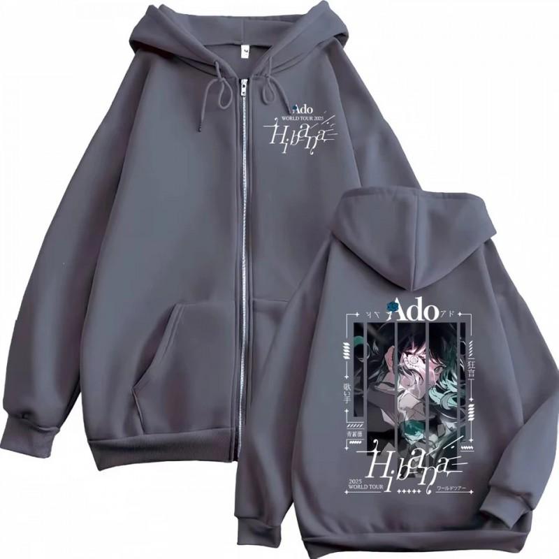 Ado Hibana World Tour Zipper Hoodie Womens Harajuku Style Oversized Print Sweatshirt Black White Gray