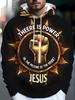 Men's Fashion Long-Sleeve Hooded Sweatshirt, Featuring a All-Over Print of a Golden Fist Jesus Power Design. The Fabric Is Soft and Gentle on the
