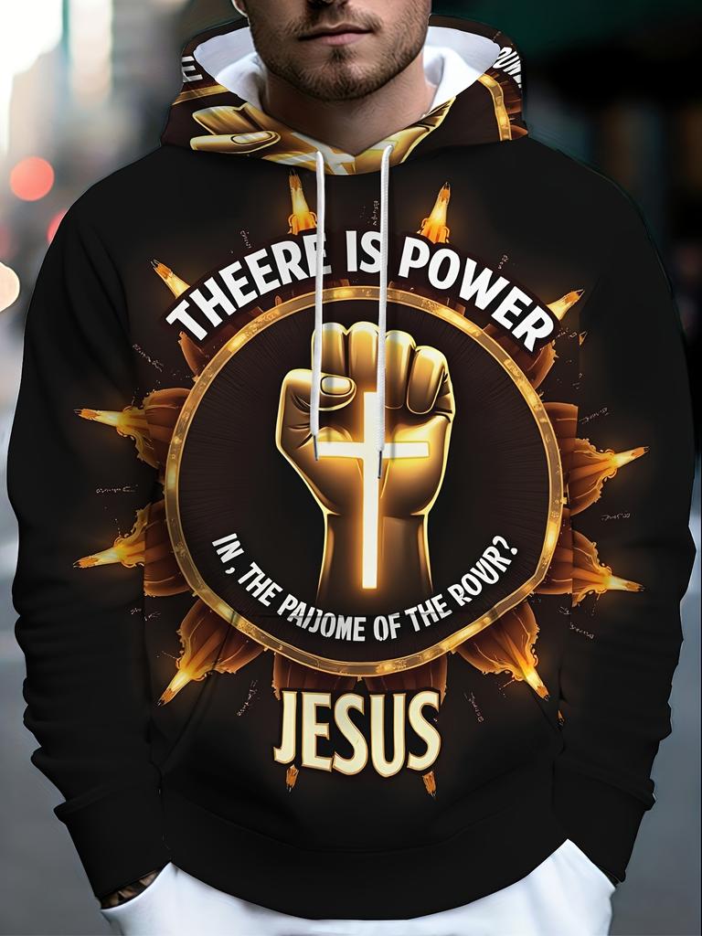 Men's Fashion Long-Sleeve Hooded Sweatshirt, Featuring a All-Over Print of a Golden Fist Jesus Power Design. The Fabric Is Soft and Gentle on the