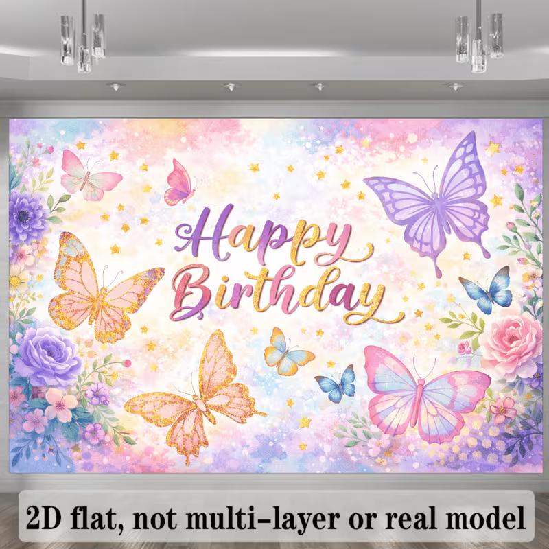 2D verspielter Schmetterlings-Geburtstags-Hintergrund mit Blumen und Sternen Foto-Booth-Banner