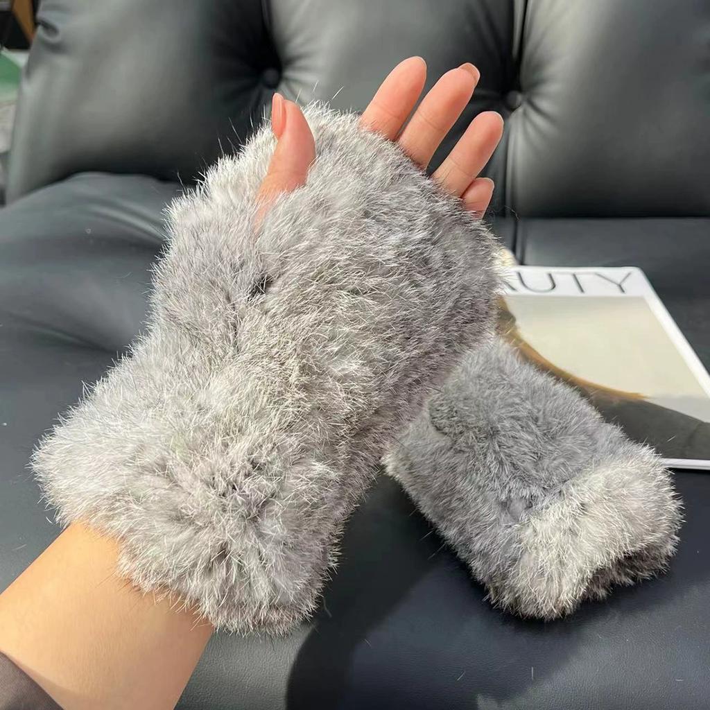 Winter Real Rabbit Fur Gloves Cute Plush Thickened Plush Warm Half-finger Gloves Elastic Women