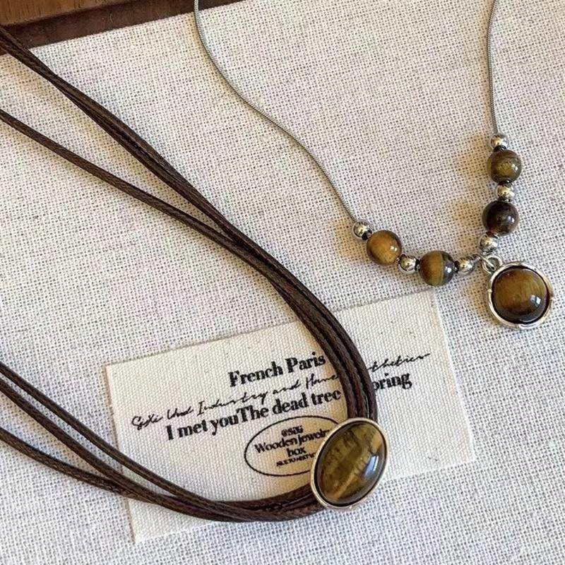 Vintage Leather Necklace Featuring Natural Tigers Eye Stone Adjustable Length Necklace Alloy Texture Present for Women