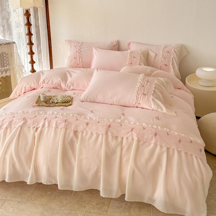 Ins Princess Style Bedding Sets Ruffle Lace Bow Quilt Cover Romantic Bedclothes Decor Woman Girls Bedroom Duvet Cover 4pcs
